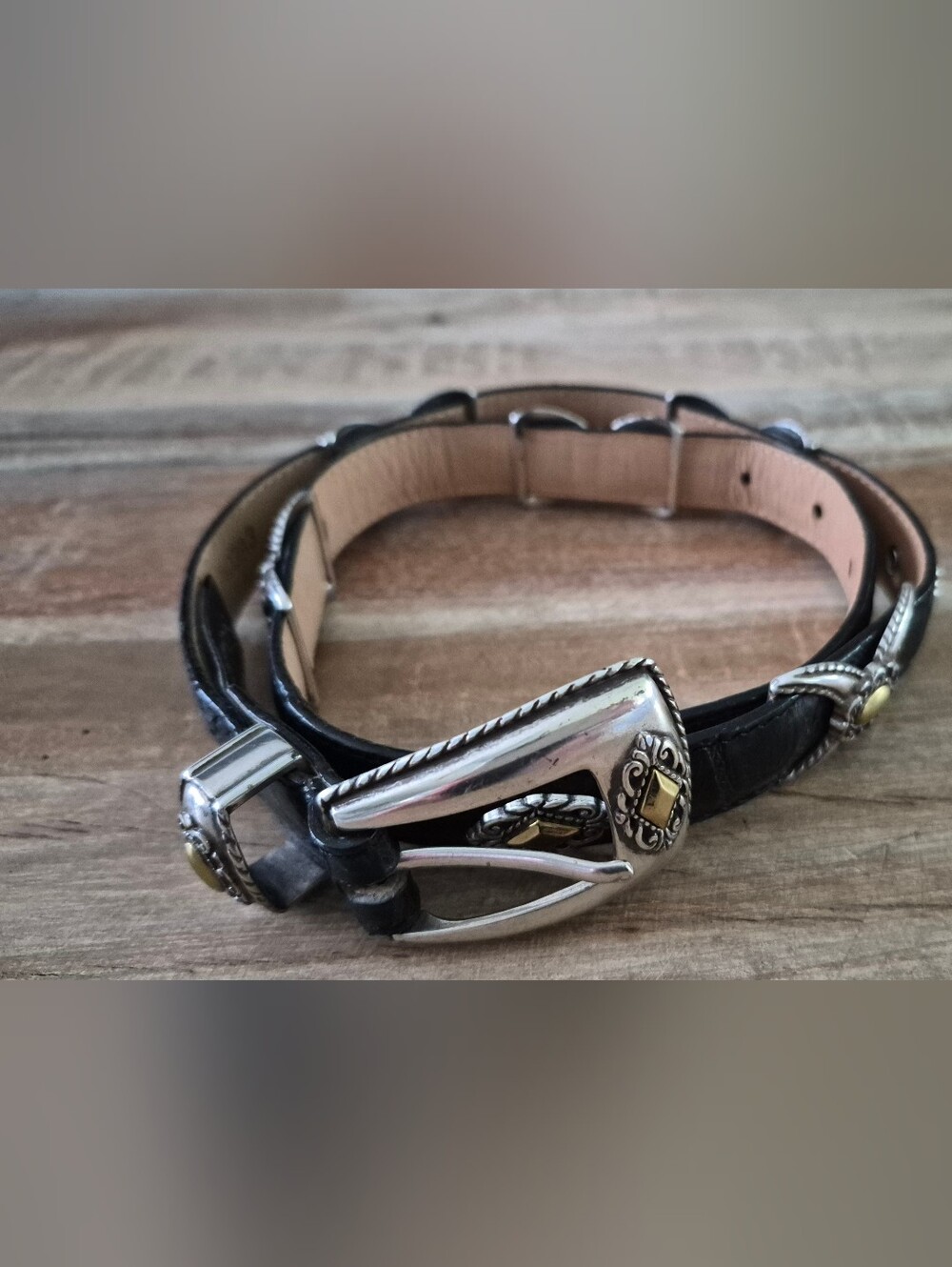 Brighton Black Croc-Embossed Leather Concho Western Silver Women's Belt, Size M